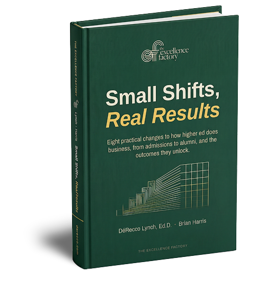 Small Shifts, Real Results — a 3D hardcover of the higher-ed operating playbook by Dr. DéRecco Lynch and Brian Harris